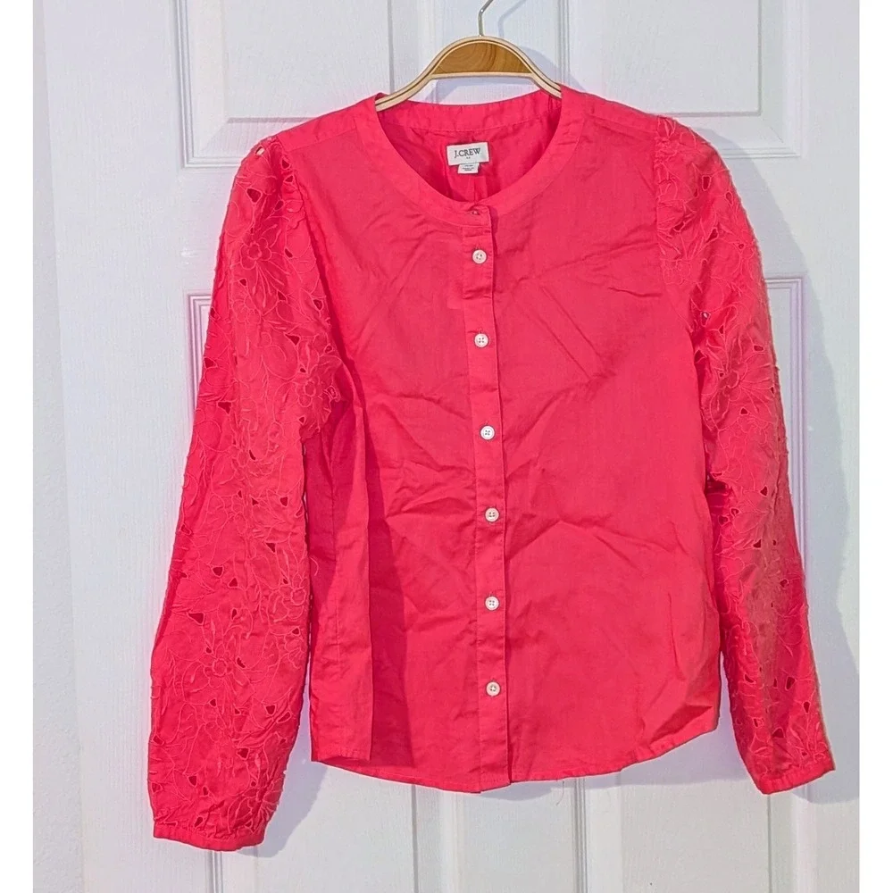 J Crew Pink Eyelet Sleeve Button Up‎ Shirt Top Womens XS NWT $90